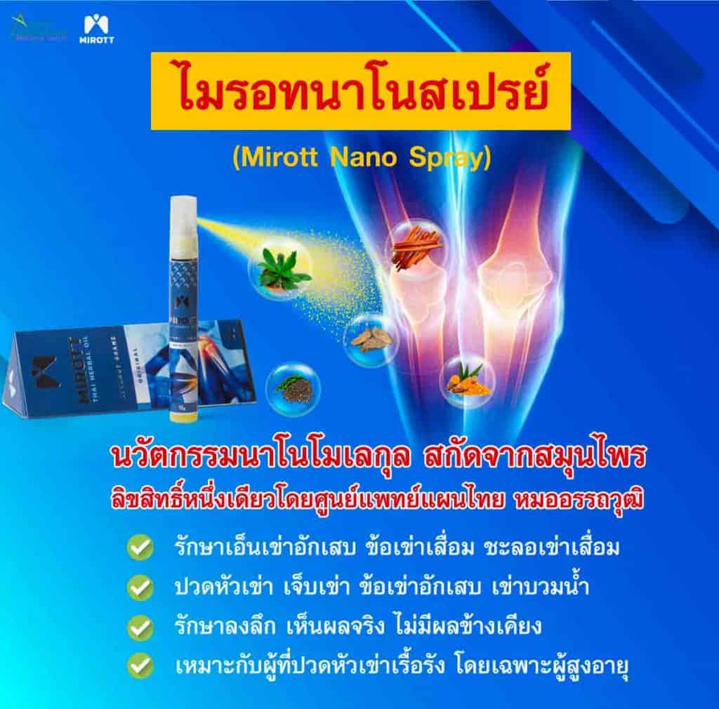 ไมรอทนาโนสเปรย์ (Mirott Nano Spray)
นวัตกรรมนาโนโมเลกุล สกัดจากสมุนไพร ลิขสิทธิ์เพียงหนึ่งเดียวโดยศูนย์แพทย์แผนไทยหมออรรถวุฒิ
รักษาเอ็นเข่าอักเสบ รักษาข้อเข่าเสื่อม ชะลออาการเข่าเสื่อม
ปวดหัวเข่า เจ็บเข่า ข้อเข่าอักเสบ เข่าบวมน้ำ
รักษาได้อย่างลงลึก เห็นผลจริง ไม่มีผลข้างเคียง
เหมาะกับผู้ที่ปวดหัวเข่าเรื้อรังโดยเฉพาะผู้สูงอายุ